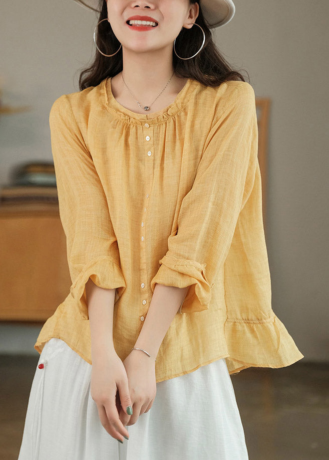 Modern Yellow O-neck Button Linen Shirt Tops Three Quarter Sleeve