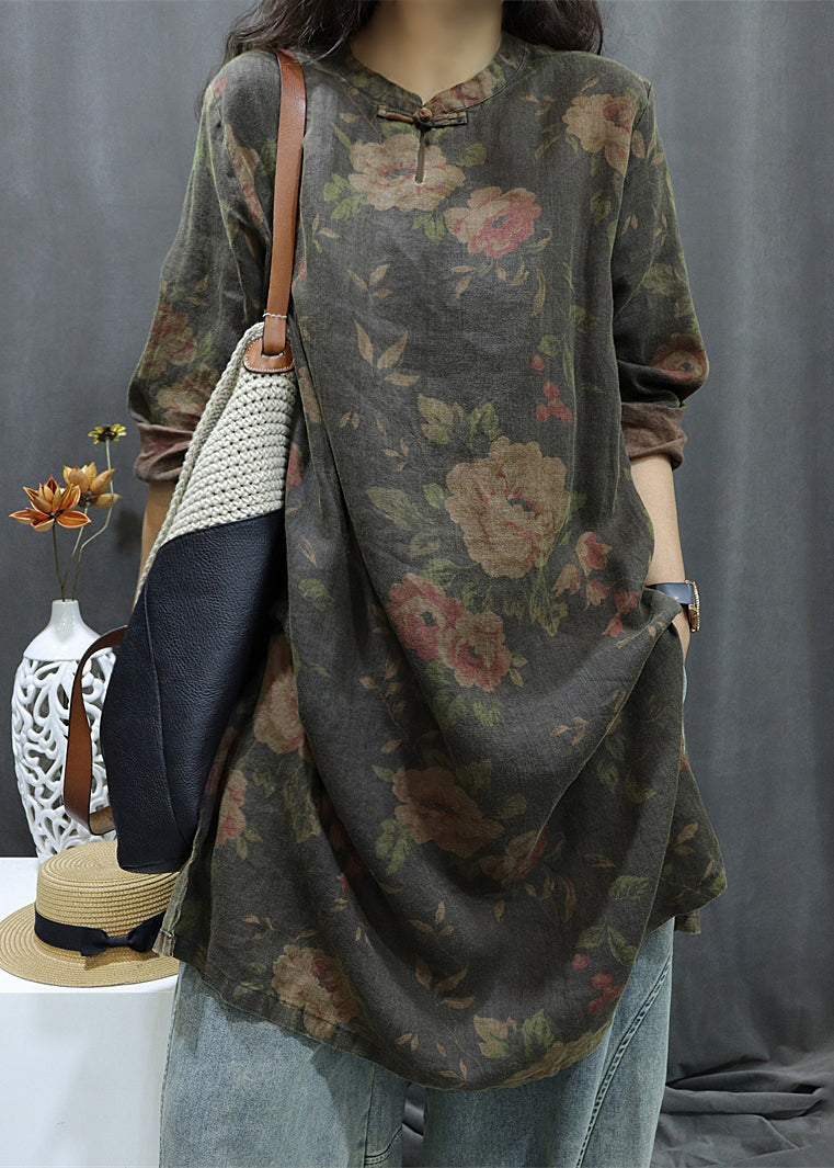 Black Print Button Linen Shirts Dress Bracelet Sleeve Fall