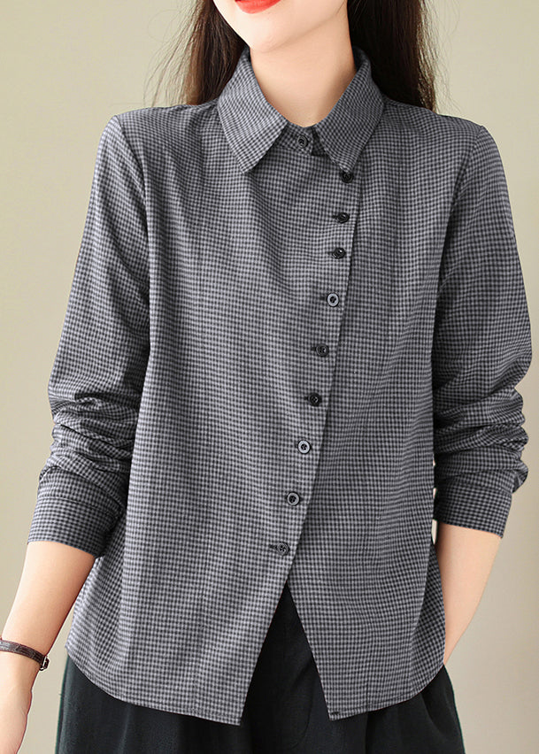 Grey Peter Pan Collar Plaid Cotton Shirts Top Spring