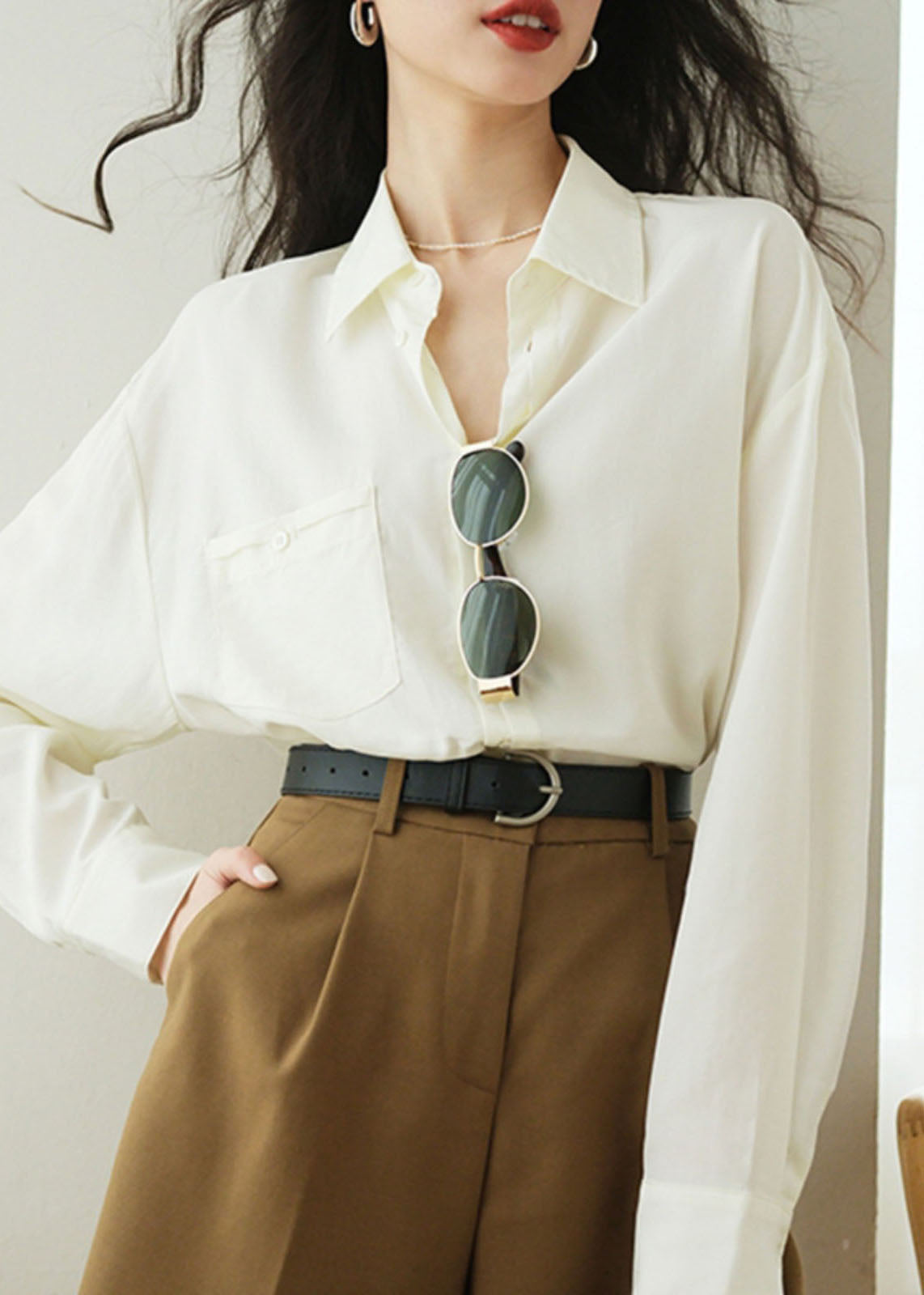 French Blue Patchwork Button Shirt Spring