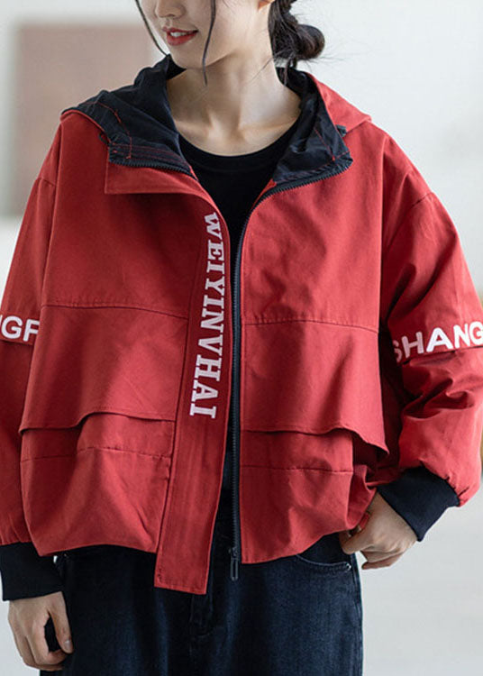 Red Zippered Graphic Patchwork Fall Hooded Coat