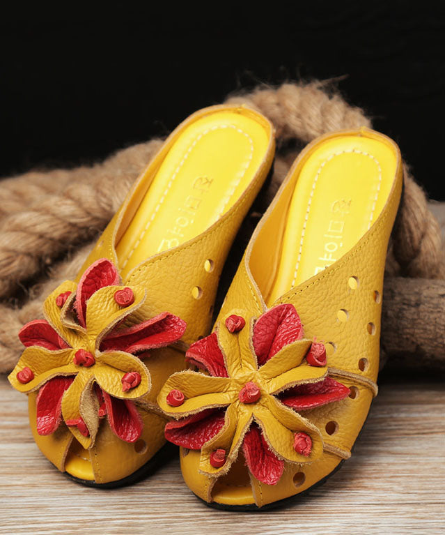 Cowhide Leather Yellow Flat Slide Sandals Splicing Hollow Out