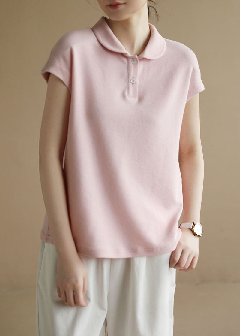 Style Pink Peter Pan Collar Button Cotton Tank Short Sleeve