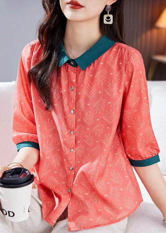 Red Peter Pan Collar Print Patchwork Linen Shirts Top Summer