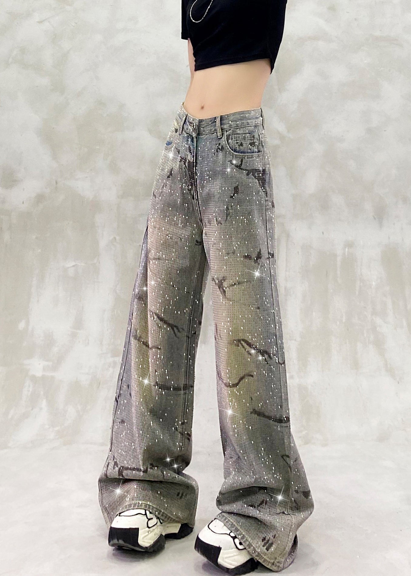 Blue Pockets Zircon High Waist Denim Pants Fall