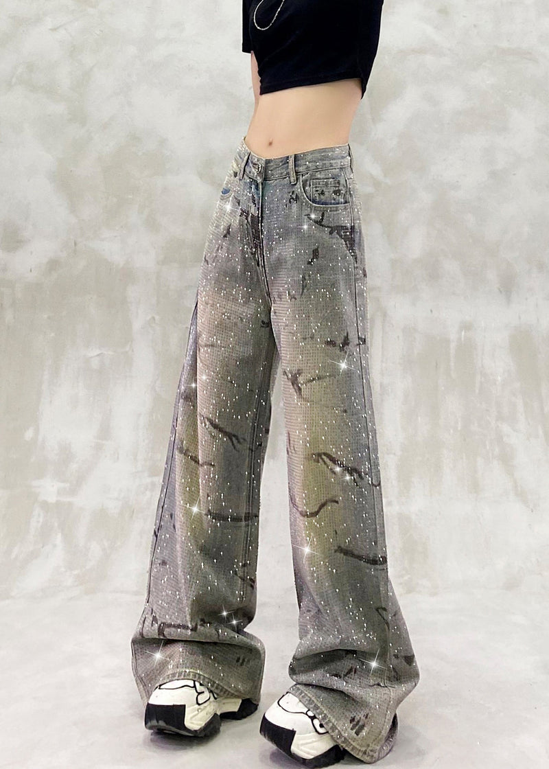 Blue Pockets Zircon High Waist Denim Pants Fall