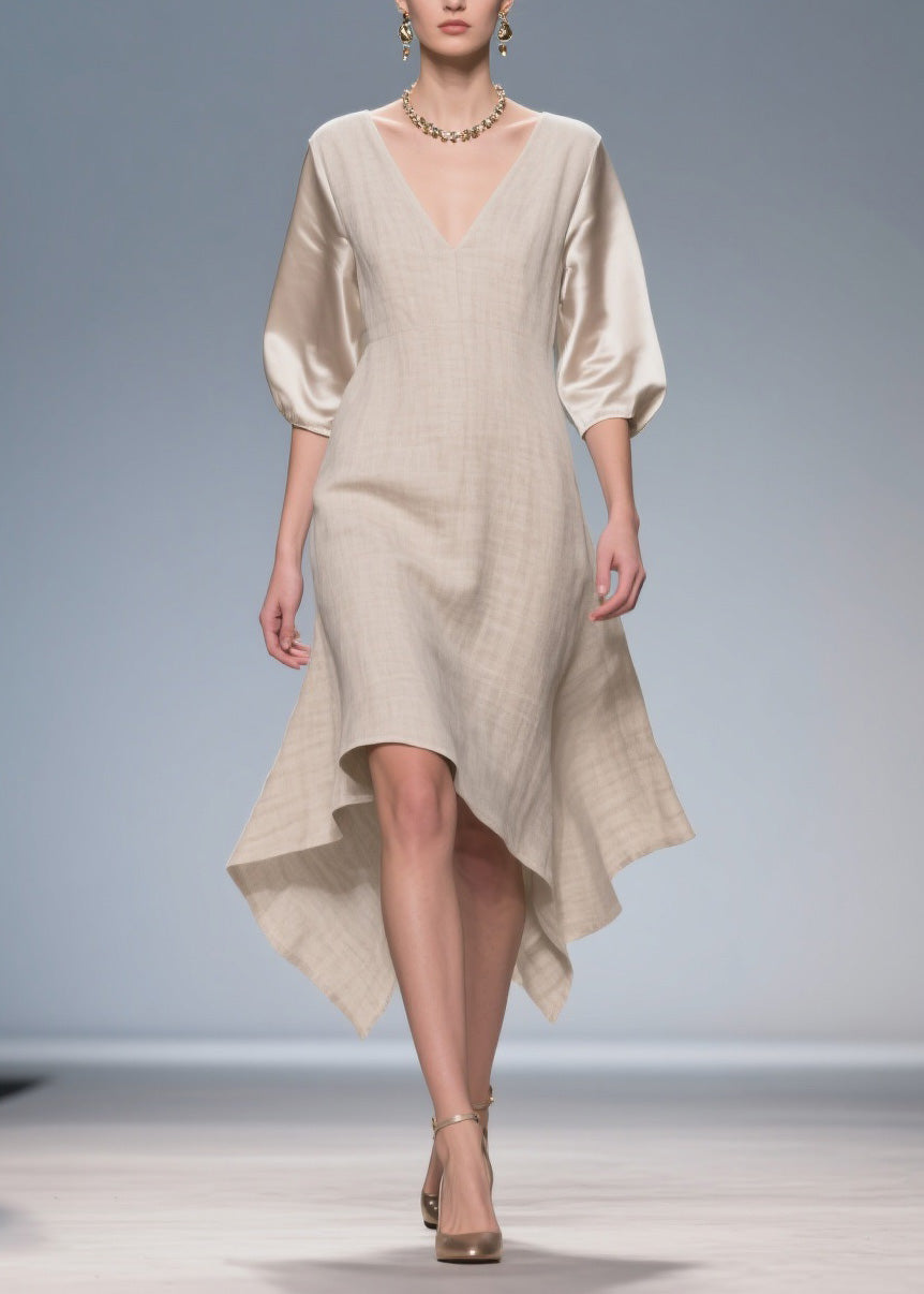 V Neck Patchwork Linen Silk Dress Summer