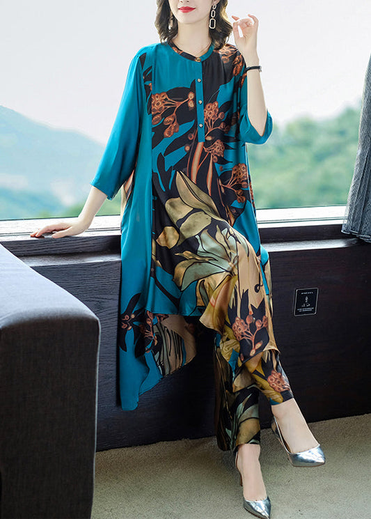 Blue O-neck Print Chiffon Dress and Pants Two Pieces Set Three Quarter Sleeve