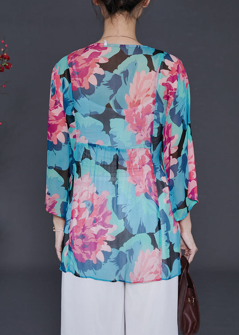 Blue Sequins Print Chiffon Shirt Top Summer