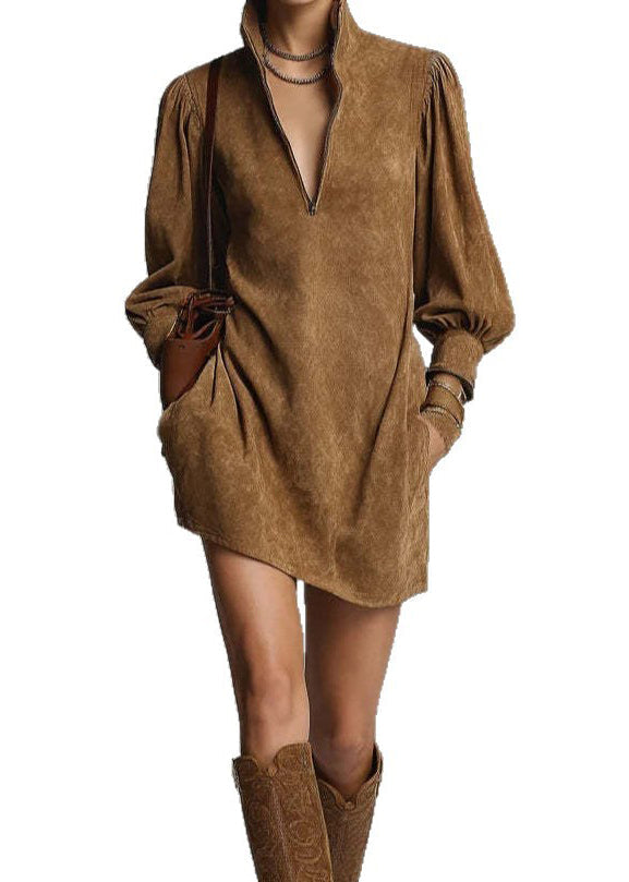 Coffee Stand Collar Zippered Pockets Faux Suede Mid Dress Spring