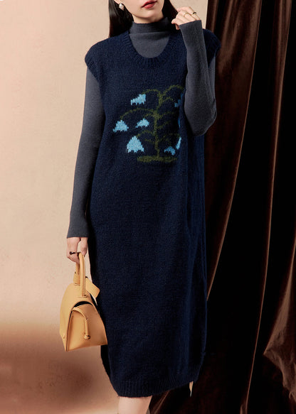 Navy Embroidered Cozy Knit Dress Sleeveless