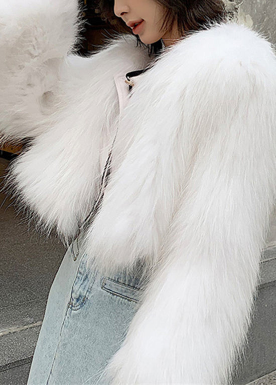 White V Neck Patchwork Faux Fur Coat Winter