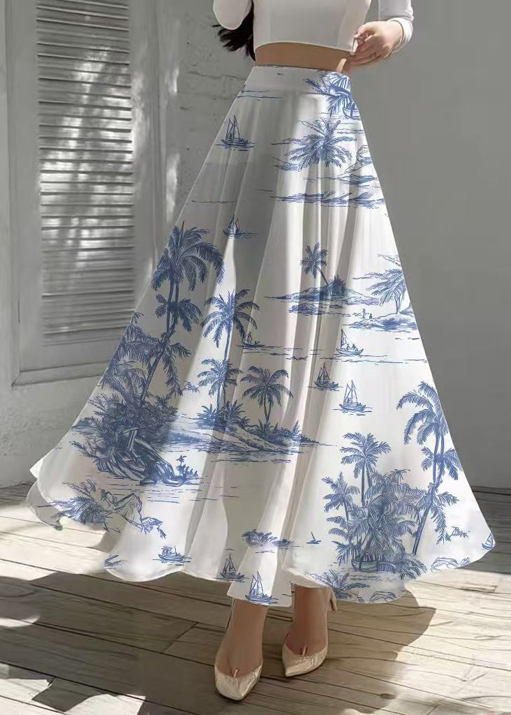 Style White Print Exra Large Hem Chiffon Skirt Summer
