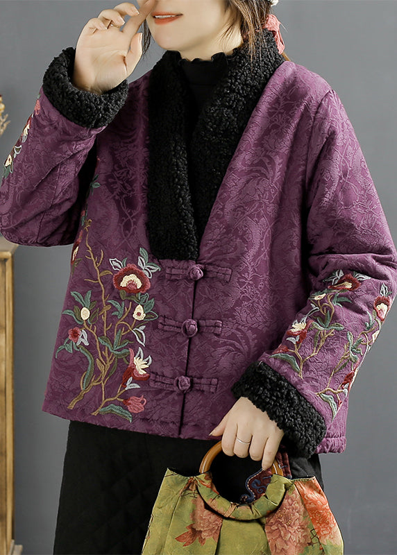 Retro Purple Embroideried Faux Fur Patchwork Fine Cotton Filled Jackets Winter