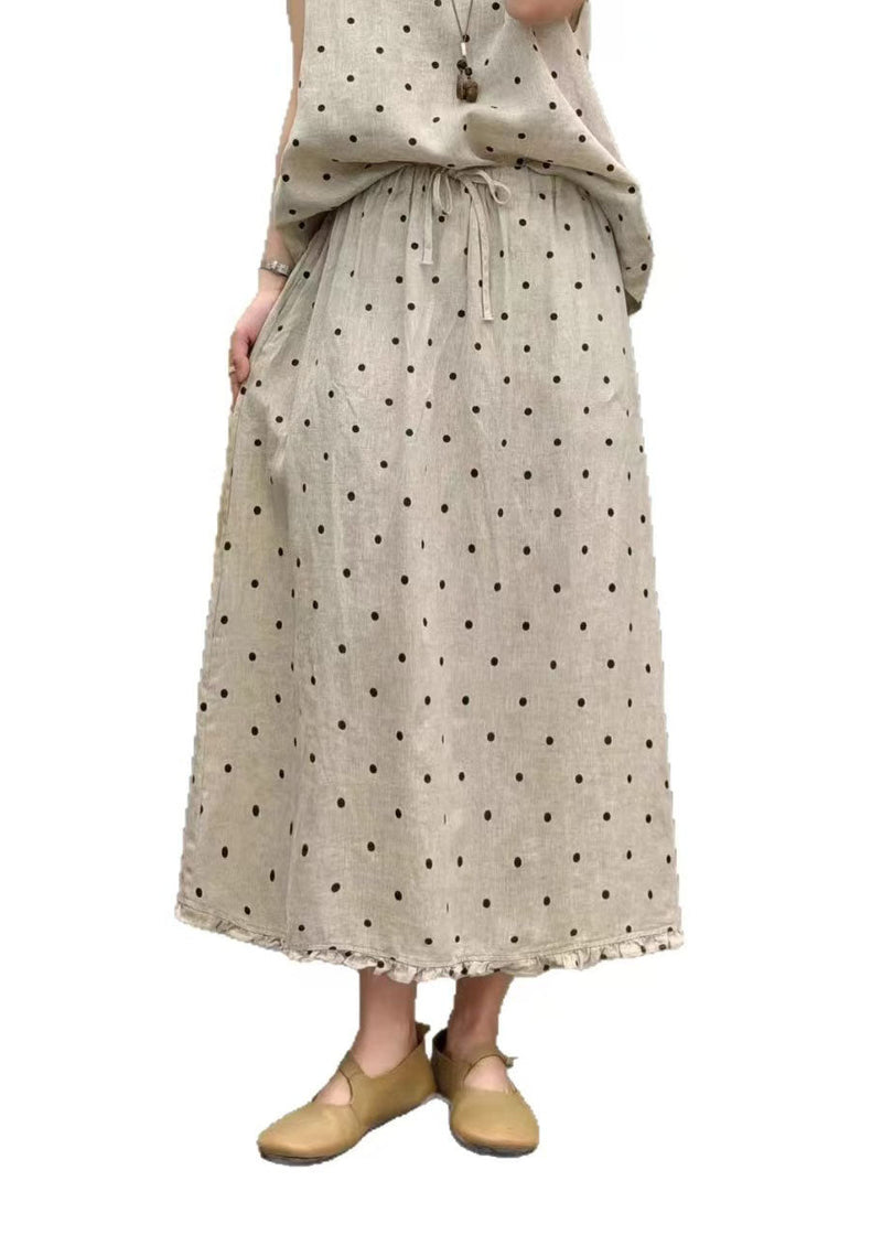 Boutique Coffee Dot Ruffled Pockets Patchwork Linen Skirts Summer