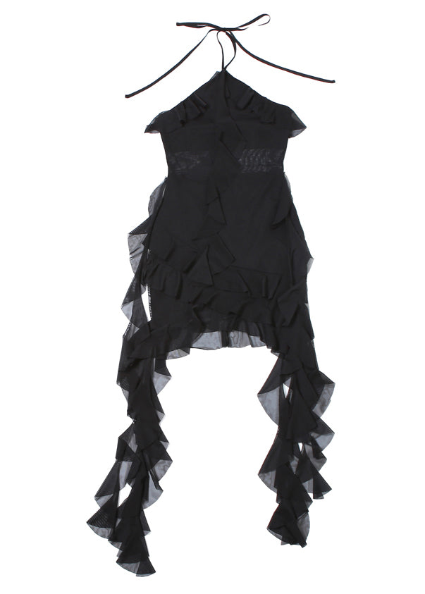 Black Ruffled Lace Up Tulle Mid Dress Sleeveless