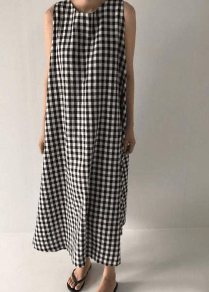 Black Plaid O Neck Patchwork Cotton Dress Sleeveless