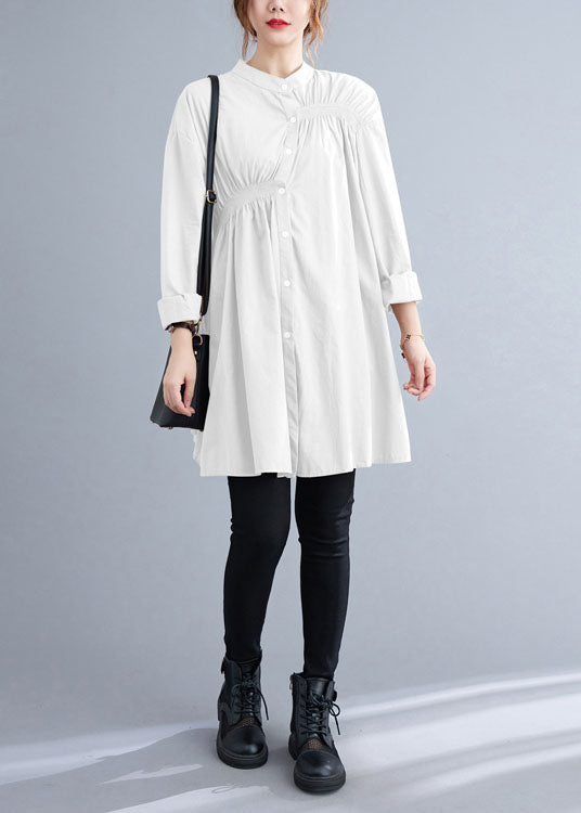 White Stand Collar Button Wrinkled Fall Shirt Top Long Sleeve