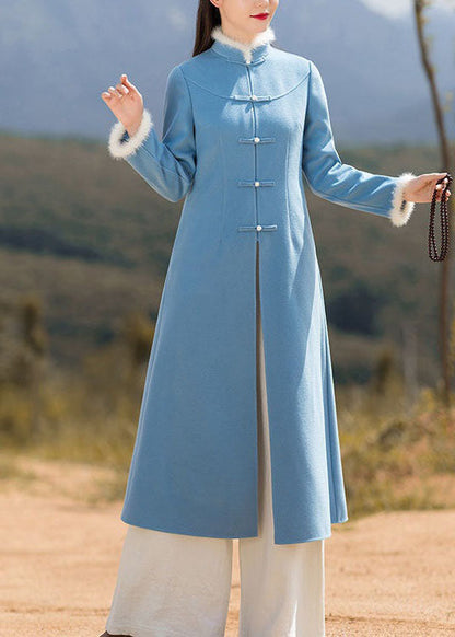 Unique Blue Patchwork Chinese Button Woolen Coat and Pants Two Pieces Set Spring