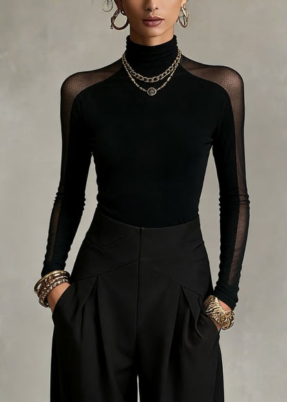 Black Turtleneck Patchwork Tulle Top Spring
