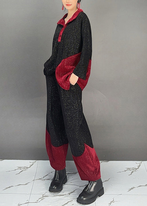 Black Patchwork Tops and Pants Cotton Two Pieces Set Fall
