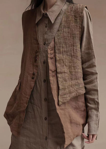 Brown V Neck Asymmetrical Design Patchwork Linen Waistcoat Top Sleeveless