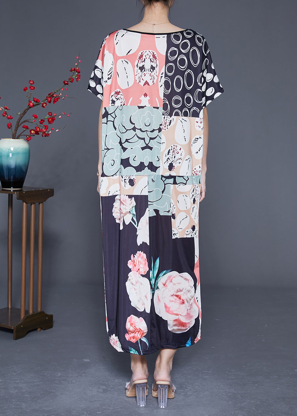 Colorblock V Neck Print Silk Vacation Dresses Summer