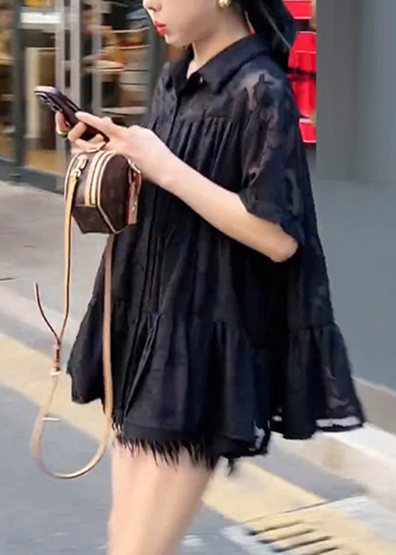 Black Embroidered Tulle Patchwork Wrinkled Shirt Summer