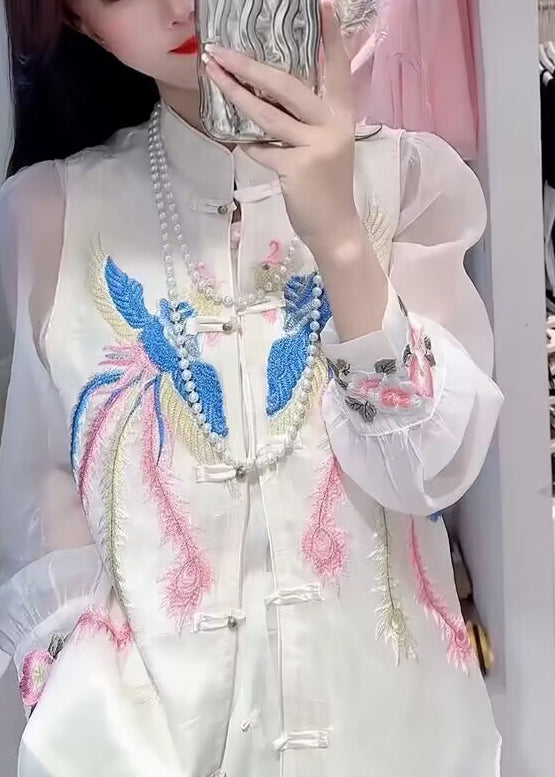 Diy White Embroideried Button Chiffon Waistcoat and Shirts Two Piece Set
