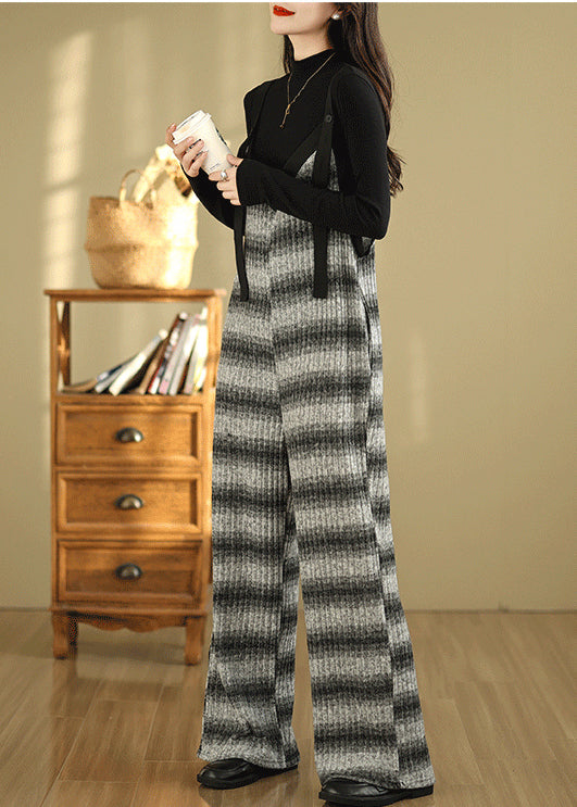 Grey Oversized Striped Cotton Overalls Jumpsuit Summer