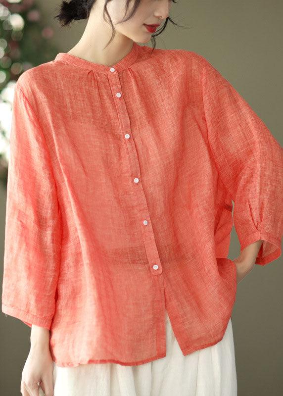 Orange Stand Collar Linen Blouse Top Bracelet Sleeve