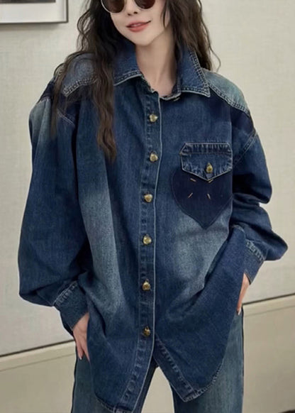 New Blue Peter Pan Collar Button Denim Shirts Coats Long Sleeve