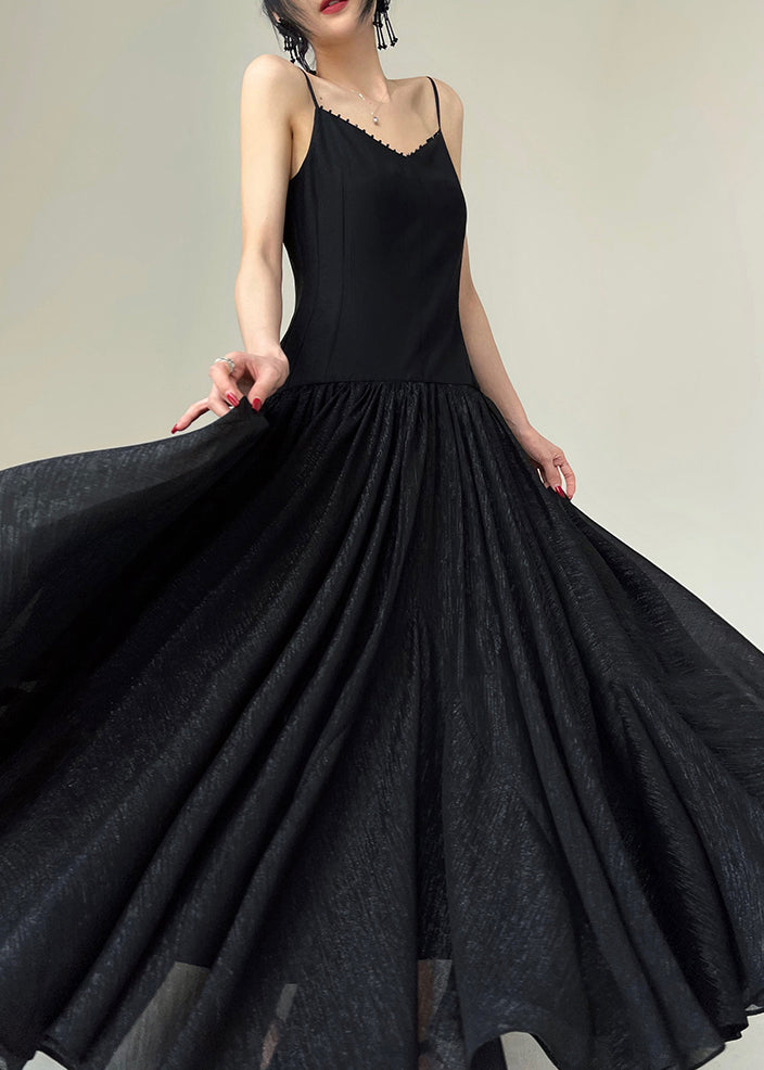 Black Nail Bead Patchwork Chiffon Spaghetti Strap Dress Sleeveless