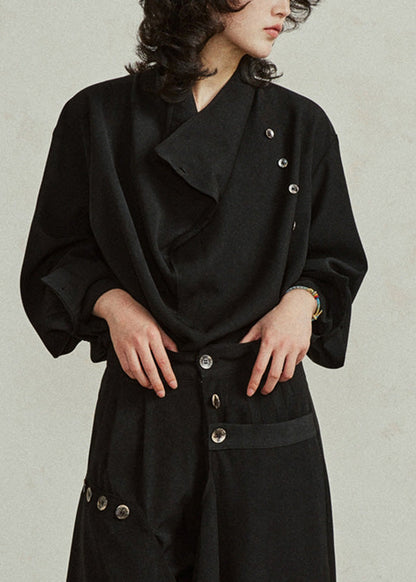 Black Stand Collar Patchwork Tops Fall