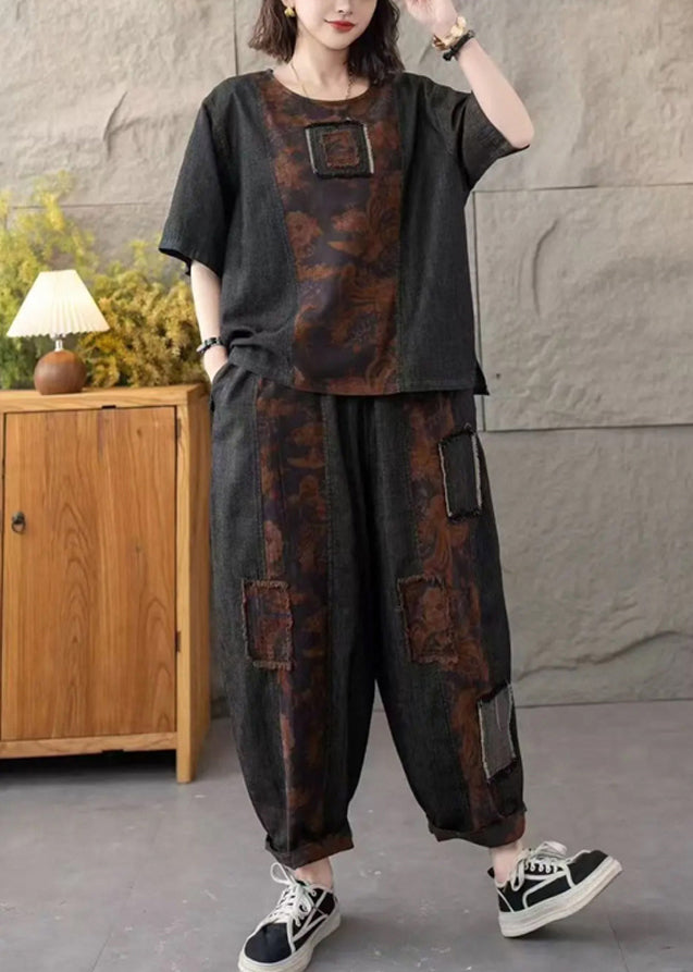 Navy Patchwork Applique Denim Two Pieces Set Oversized Summer