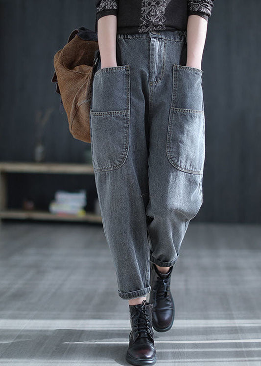 Grey High Waist Pockets Harem Fall Denim Pants
