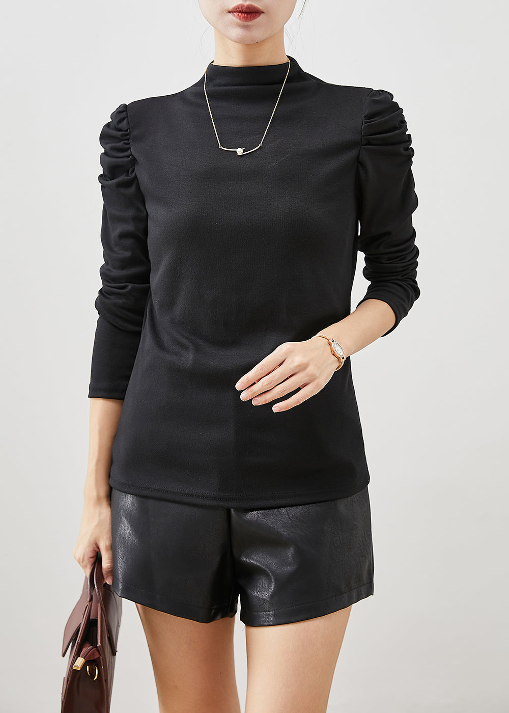 Black Puff Sleeve Silm Fit Cotton Top
