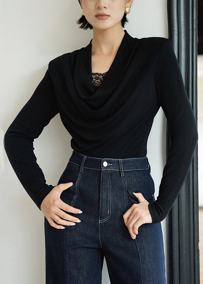 Slim Fit Black Lace Patchwork Wool T Shirts Fall