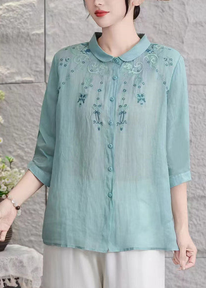 Loose Purple Peter Pan Collar Embroidered Linen Top Summer