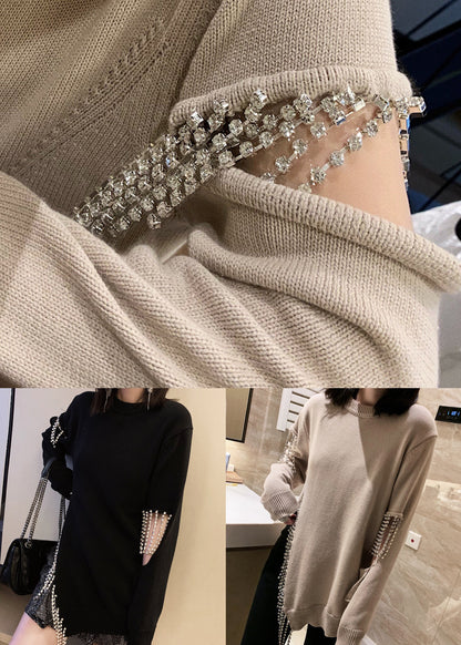 Black Tasseled Hole Patchwork Cotton Knit Sweaters Long Sleeve