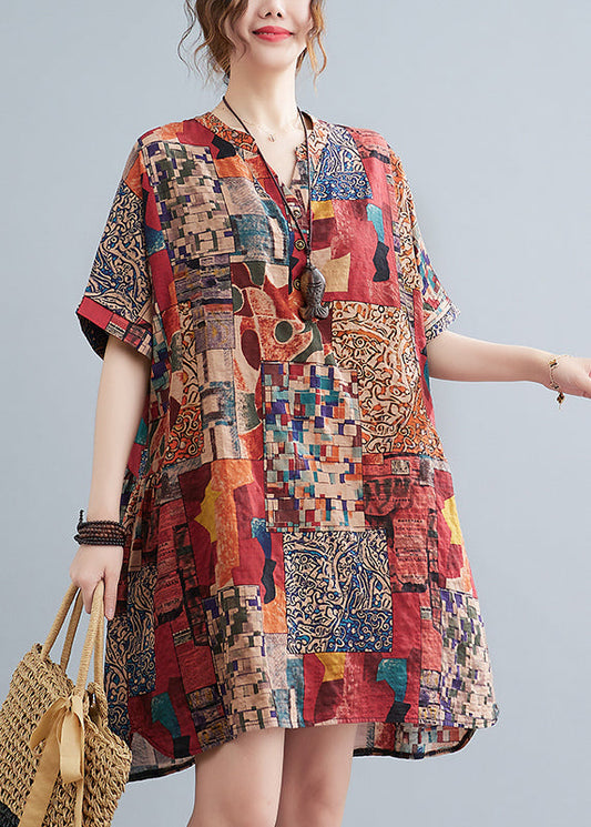Loose Red V Neck Print Cotton Mid Dress Summer