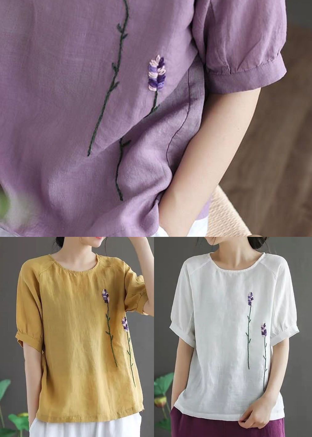 Ginger Embroideried Linen Tops Short Sleeve