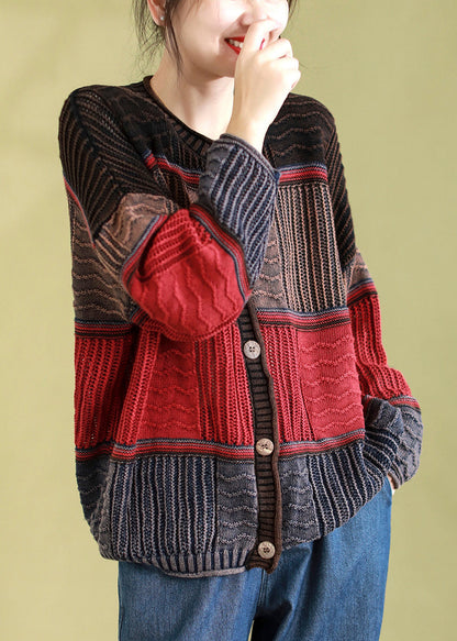 Red Patchwork Knit Cardigan O Neck Button Spring
