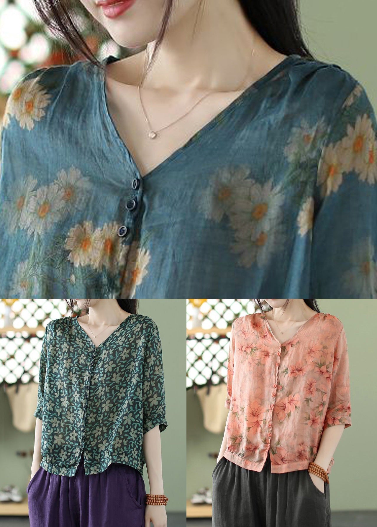 Blue V Neck Button Print Cotton Shirt Summer