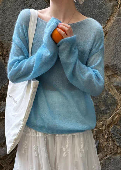 Handmade Blue Cozy Ma Hai Mao Knit Tops Spring