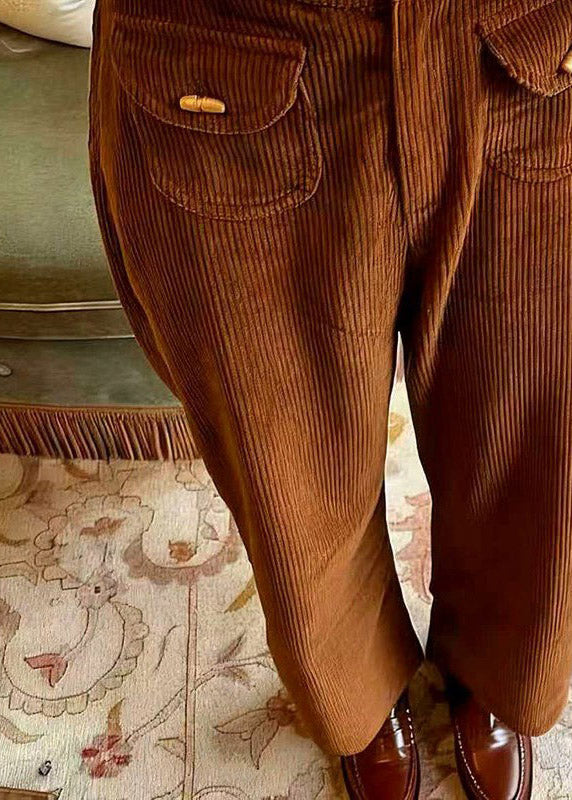 Brown Pockets High Waist Corduroy Pants Spring