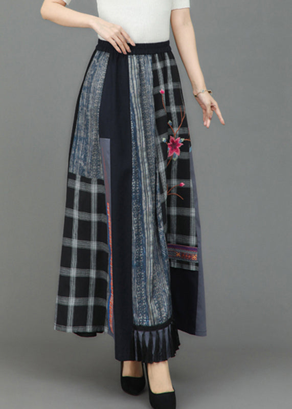 Retro Embroideried Pockets Plaid Patchwork Elastic Waist Skirts Fall