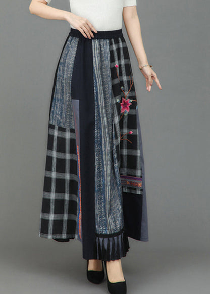 Retro Embroideried Pockets Plaid Patchwork Elastic Waist Skirts Fall
