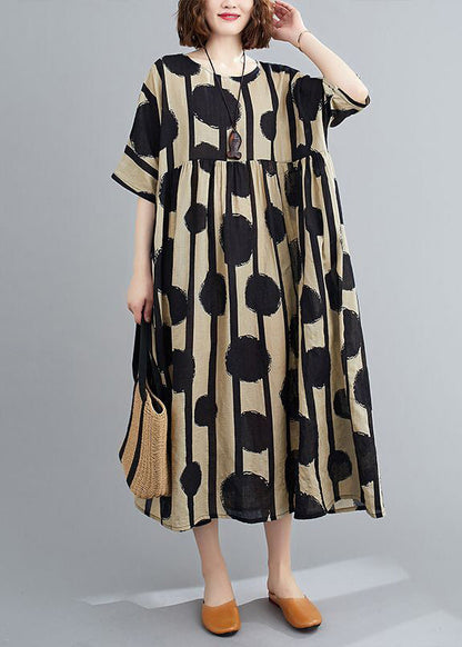 Black Print Cotton Long Dress O-neck Exra Large Hem Summer