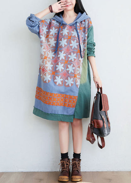 Green Hooded Print Cotton Mid Dresses Spring
